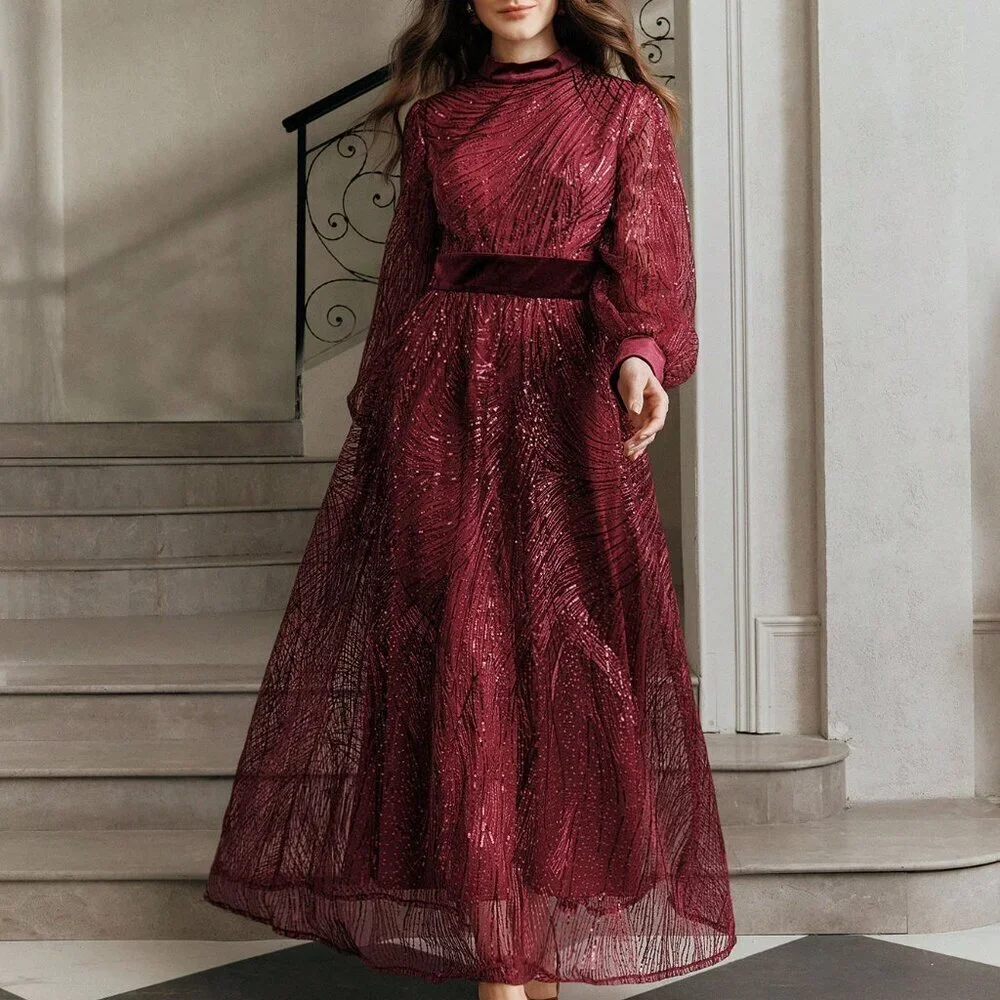 Burgundy Elegant Women's Sequin Velvet Patchwork Waist Dress